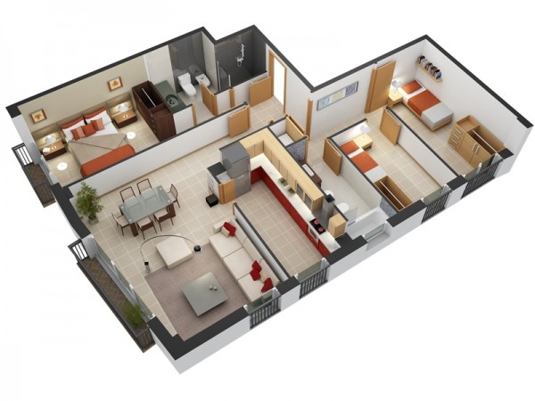 Thiết kế căn hộ chung cư 60m2 3 phòng ngủ
